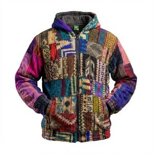 Handmade Patchwork Hooded Jacket – Acrylic Wool – Super Warm